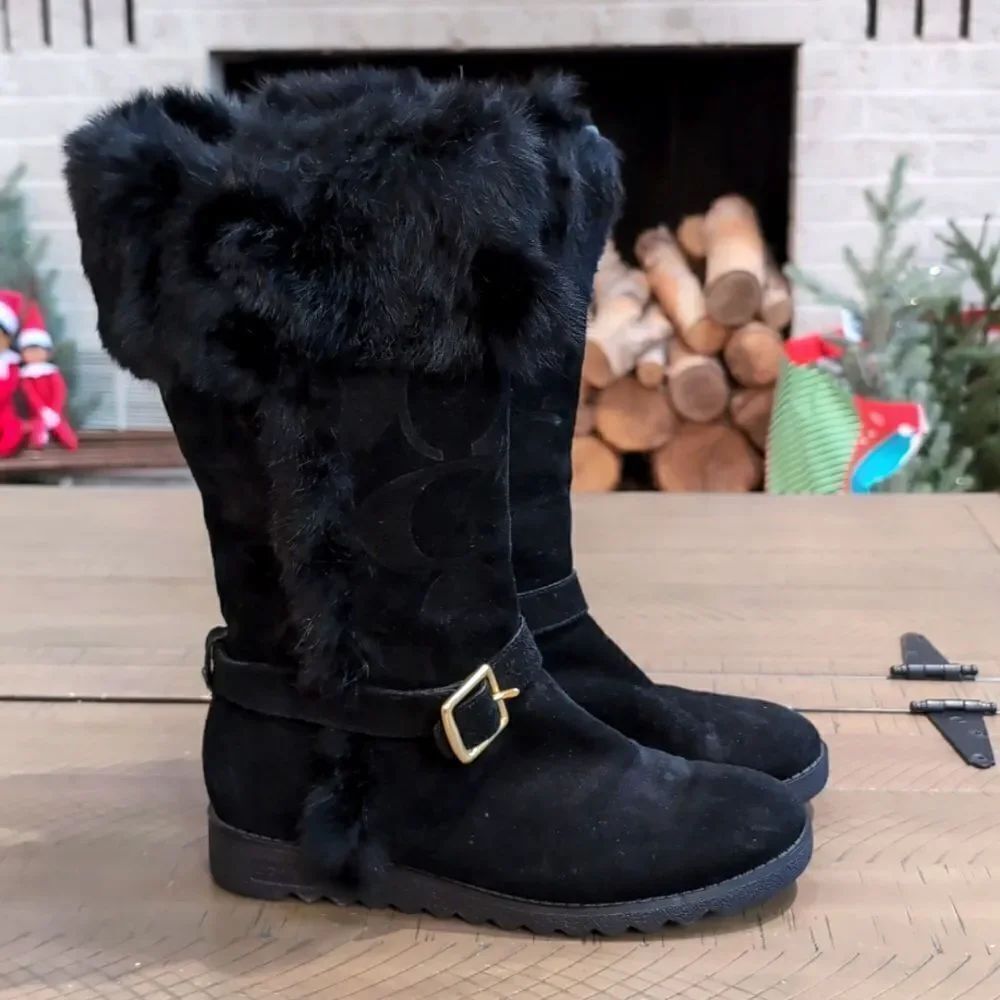 COACH Deeann Black Fur Trim Signature Winter Boots Sz 7